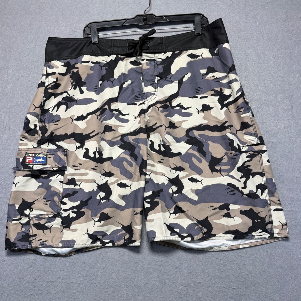 Pelagic Mens‎ Fish Camo Board Shorts Grey Tan Black Fishing Cargo 40x10 #222
